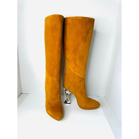 Brandon Maxwell Camel Suede Knee High Boots Sz 39 US 9 Sculptural Metallic Heel - Picture 3 of 9
